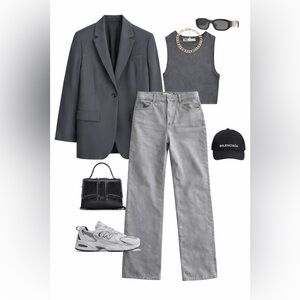 H&M Straight Leg Pants Size 8 Light Grey Minimal Cotton Twill Wide Leg